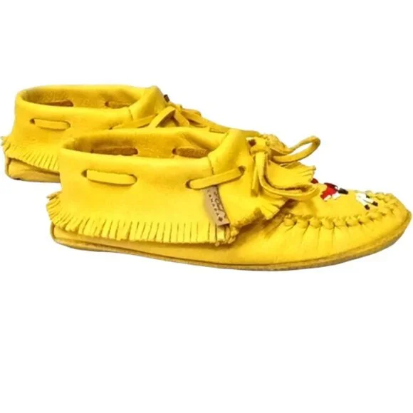 Laurentian Chief Fringed Moose Hide Leather Earthing Moccasins Tan Beaded Size 5 - Picture 3 of 11